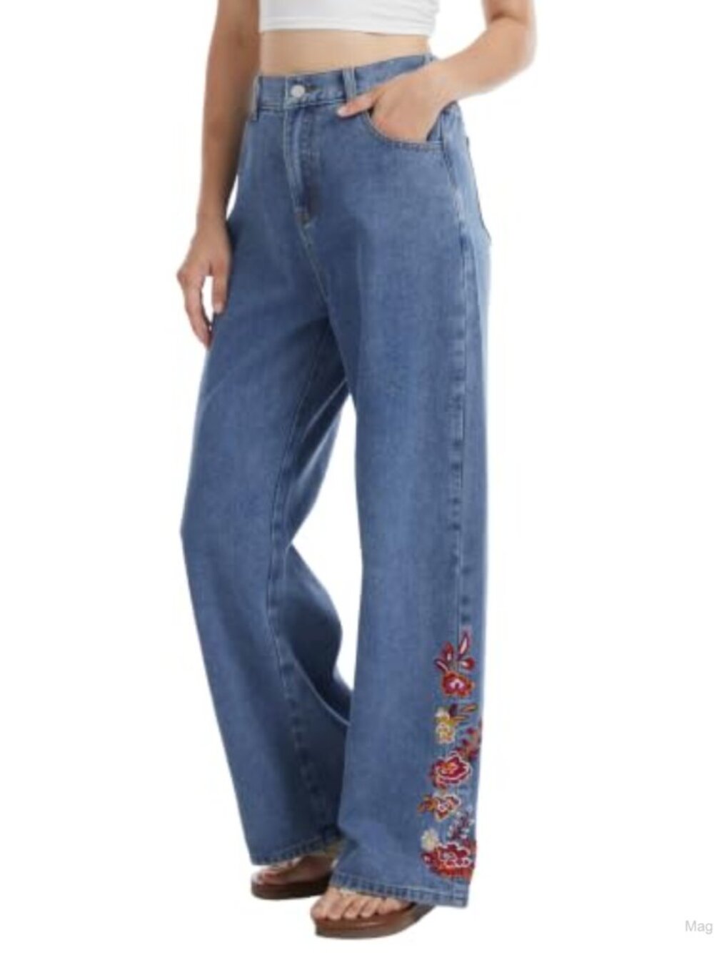 Floral Embroidered Straight Leg Jeans Mid Rise Denim Pants